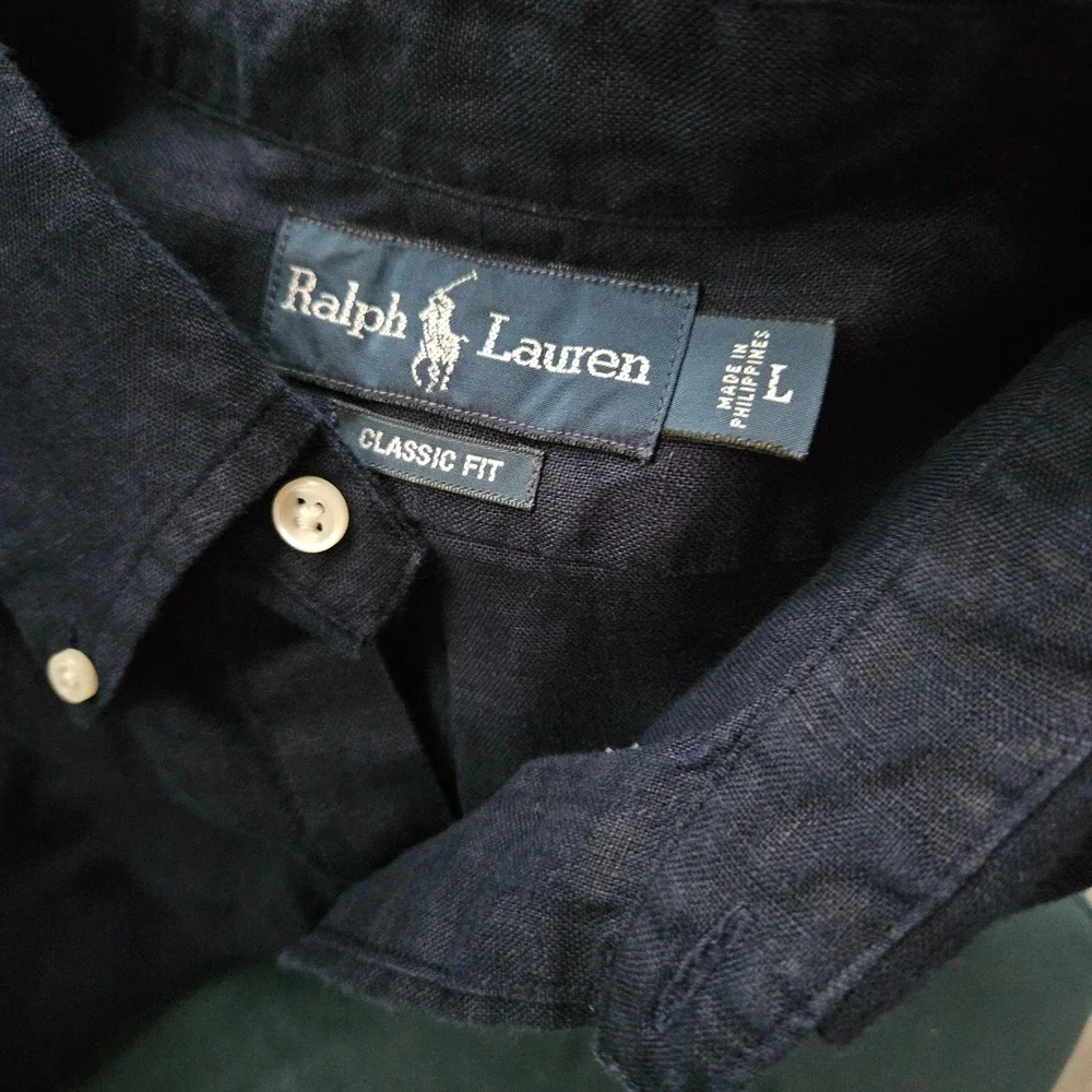 Polo Ralph Lauren Mens Navy Blue 100% Linen Short Sleeve Button Down Shirt L